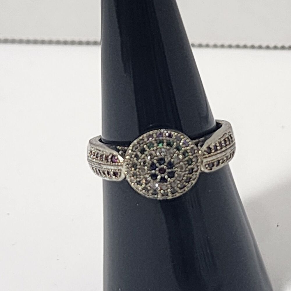 Sterling Silver Pave Cluster Multicolor Rhinestone Cocktail Ring Size 7 or 14 mm